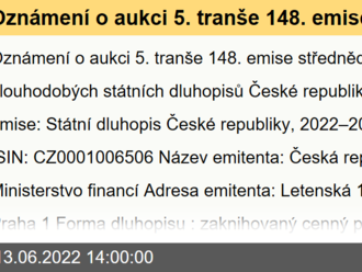 Oznámení o aukci 5. tranše 148. emise střednědobých a dlouhodobých státních dluhopisů České republiky