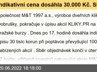 Indikativní cena dosáhla 30.000 Kč. Sběr objednávek zítra končí - Update k úpisu akcií M&T