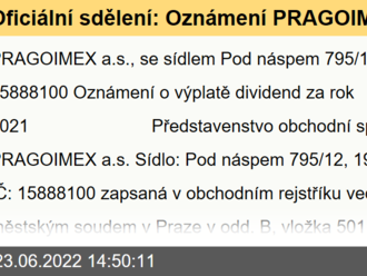 Oficiální sdělení: Oznámení PRAGOIMEX a.s.  