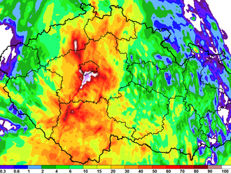 Kolik toho od včerejšího odpoledne napršelo? Přiložená mapka ukazuje kombinovaný radarovo-srážkoměrný odhad srážek za 24 hodin za období