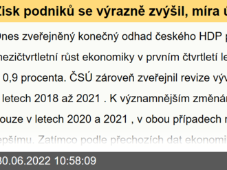 Zisk podniků se výrazně zvýšil, míra úspor domácností jen mírně klesla  