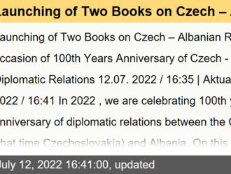 Launching of Two Books on Czech – Albanian Relations on the occasion of 100th Years Anniversary of Czech - Albanian Diplomatic Relations