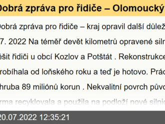 Dobrá zpráva pro řidiče – Olomoucký kraj opravil další důležitou silnici u obcí Kozlov a Potštát