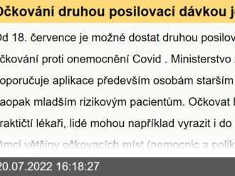 Očkování druhou posilovací dávkou je možné ve většině nemocnic a poliklinik ve Středočeském kraji