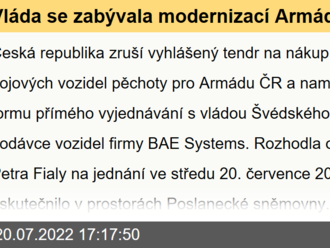 Vláda se zabývala modernizací Armády ČR, řešila i dopady možného přerušení dodávek plynu z Ruska