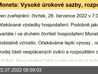 Moneta: Vysoké úrokové sazby, rozpouštění rezerv a jednorázová položka - Odhady výsledků