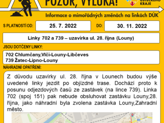 Linky 702, 739 - uzavírka ul. 28. října v Lounech