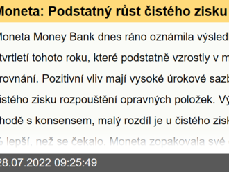 Moneta: Podstatný růst čistého zisku kvůli rozpouštění opravných položek - Komentář k výsledkům hospodaření