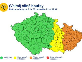 Výstraha - V sobotu   odpoledne, večer a v noci na neděli   se mohou ve východní polovině území ojediněle vyskytnout silné, na Moravě a ve Slezsku i velmi silné bouřky