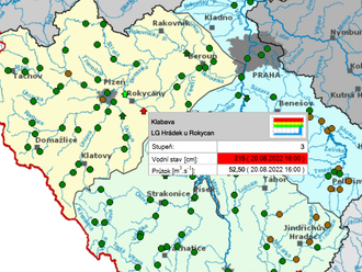 Počasí, výstraha - V důsledku pokračujících vydatných srážek v povodí Klabavy a předchozího nasycení bude na Klabavě v profilu Hrádek v blízké době překročen 3.SPA.