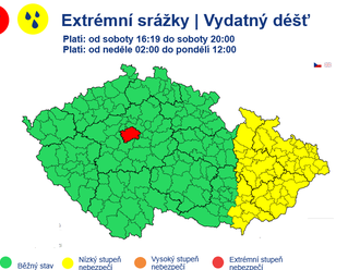 VÝSTRAHA na Extrémní srážky, Vydatný déšť, Povodňové ohrožení   .