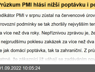 Průzkum PMI hlásí nižší poptávku i pokles zaměstnanosti  