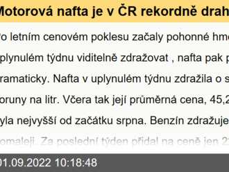 Motorová nafta je v ČR rekordně drahá oproti benzínu. Nafta totiž nahrazuje drahý plyn