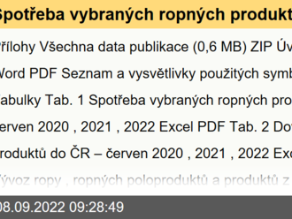 Spotřeba vybraných ropných produktů a zemní plyn - červen 2022