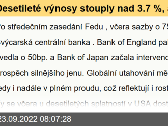 Desetileté výnosy stouply nad 3.7 %, akcie pokračují v korekci - Ranní komentář