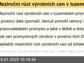 Meziroční růst výrobních cen v tuzemském průmyslu se v prosinci dále zpomalil