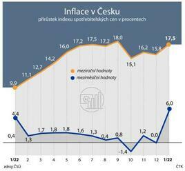 Inflace v lednu vzrostla na 17,5 procenta, hlavně kvůli zdražení energií