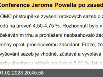 Konference Jerome Powella po zasedání FOMC. FOMC přistoupil ke zvýšení úrokových sazeb o 25 bazických bodů na úroveň 4,50-4,75 %