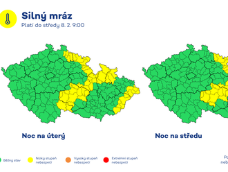 Dnešní výstraha upravuje územní platnost varování před silnými mrazy. V noci na úterý 7. 2. a na středu 8. 2. budou teploty zejména v údolích se sněhovou pokrývkou v oblasti Českomoravské vrchoviny a hor na severu a východě území klesat pod -12 °C.