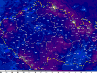 Ráno je opravdu mrazivé, průměr minimálních teplot pro stanice v nižších a středních polohách   je kolem -11 °C.