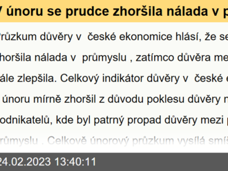 V únoru se prudce zhoršila nálada v průmyslu, zatímco důvěra mezi spotřebiteli se dále zlepšila