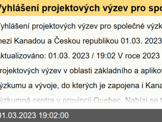 Vyhlášení projektových výzev pro společné výzkumné projekty mezi Kanadou a Českou republikou