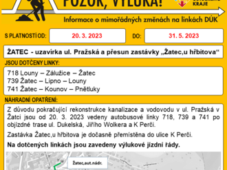 Žatec - uzavírka ul. Pražská a přesun zastávky Žatec, u hřbitova z důvodu pokračující rekonstrukce kanalizace a vodovodu, linky 718, 739 a 741 vedeny po objízdné trase