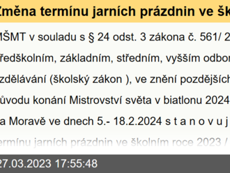 Změna termínu jarních prázdnin ve školním roce 2023/2024 v Kraji Vysočina