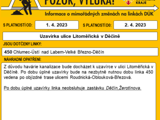 Linka 450 - uzavírka v ulici Litoměřická v Děčíně