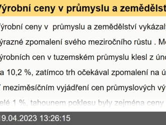 Výrobní ceny v průmyslu a zemědělství vykázaly v březnu výrazné zpomalení svého meziročního růstu