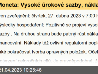 Moneta: Vysoké úrokové sazby, náklady na financování, tvorba opravných položek - Odhady výsledků