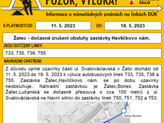 Žatec - zrušení obsluhy zastávky Žatec,Havlíčkovo nám. - z důvodu úplné uzavírky ul. Svatováclavská dochází od 11. 5. do 19. 5. k výluce autobusové dopravy