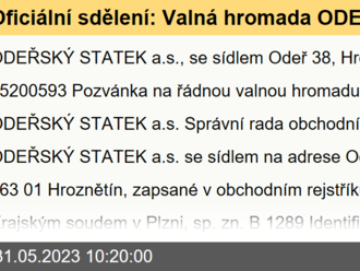 Oficiální sdělení: Valná hromada ODEŘSKÝ STATEK a.s.  