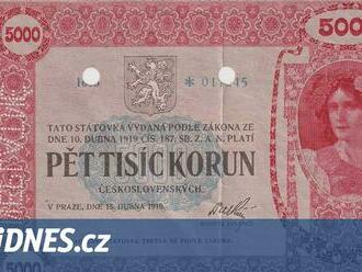 Nejdražší bankovka. Pět tisíc korun z roku 1919 se vydražilo za 25,6 milionů